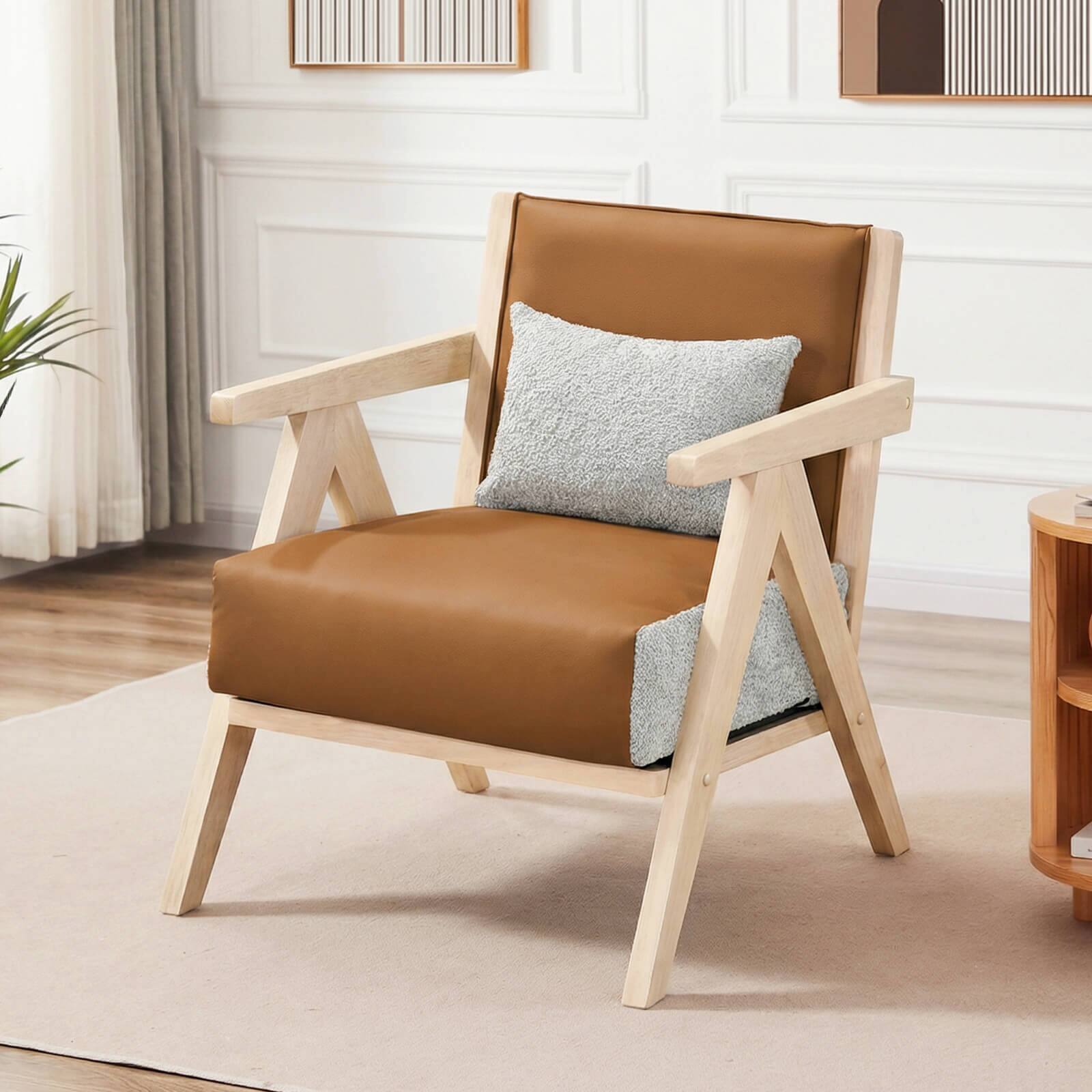Alt View 1. Costway - Costway Mid-Century Modern Accent Chair Artificial Leather Sofa Chair with Backrest - Natural.