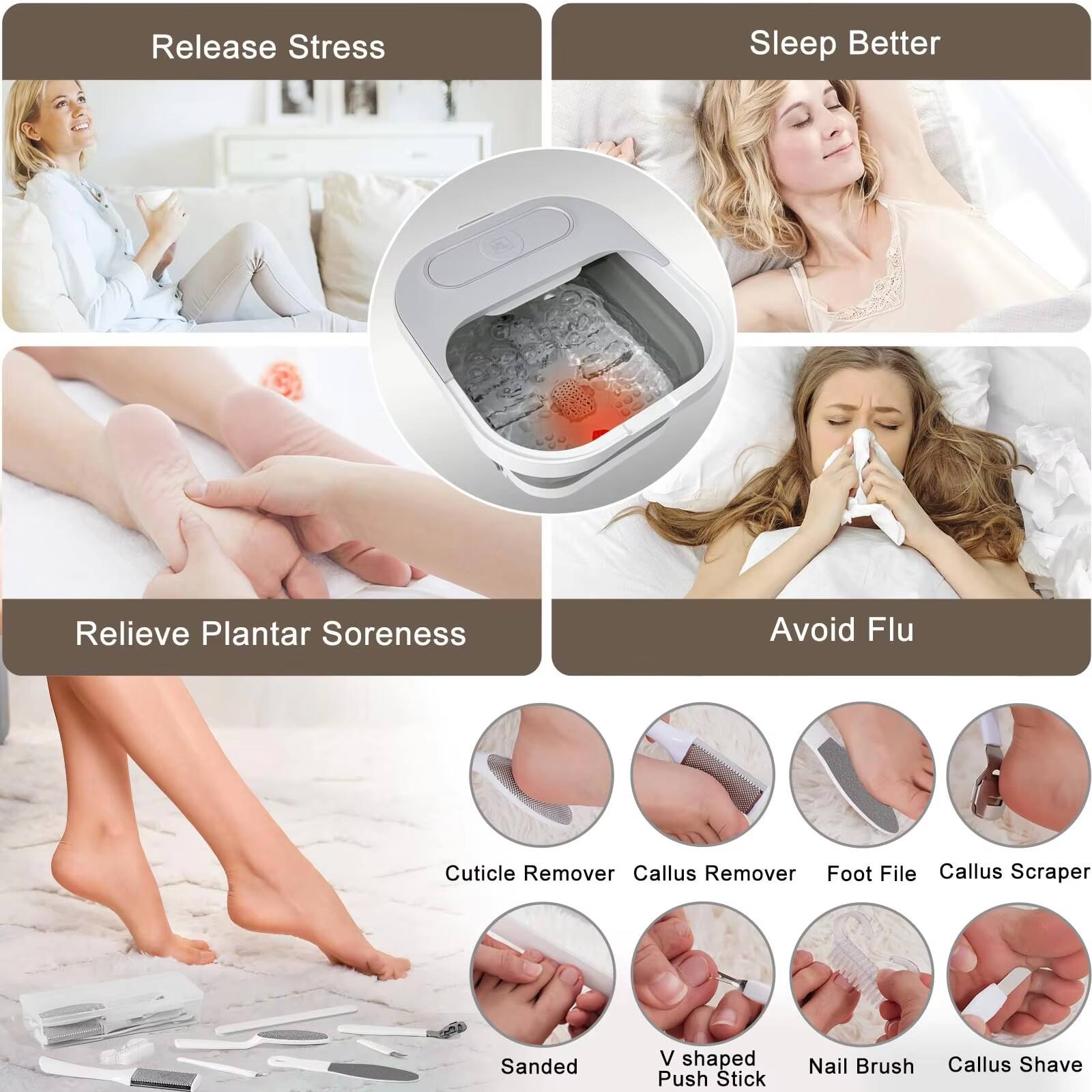 Release Stress  
Sleep Better  
Relieve Plantar Soreness  
Avoid Flu  

Cuticle Remover  
Callus Remover  
Foot File  
Callus Scraper  
Sanded  
V shaped Push Stick  
Nail Brush  
Callus Shave