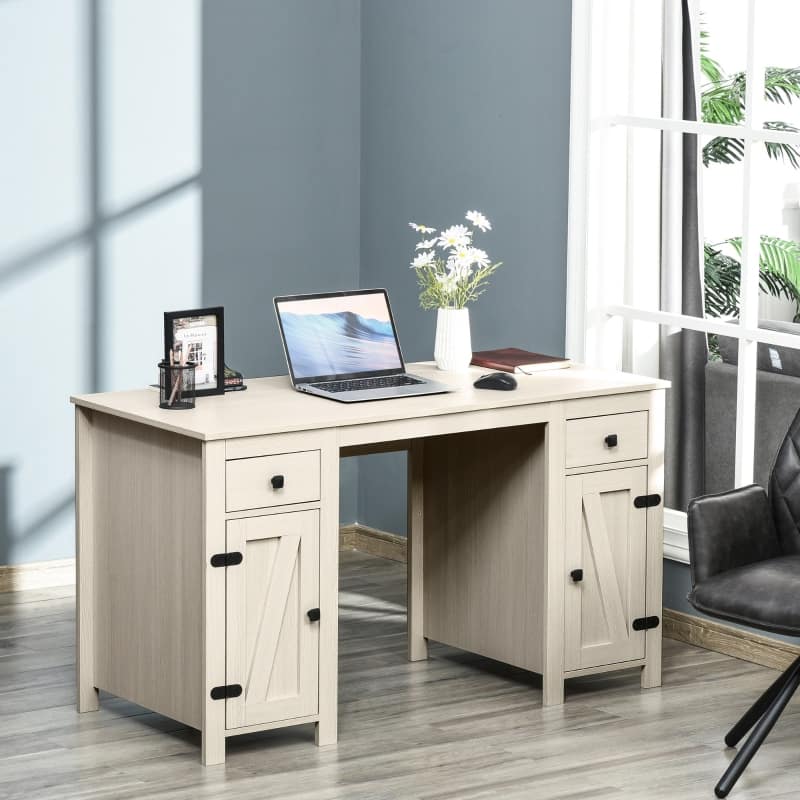 Anysun - Farmhouse Computer Desk with 2 Drawers & 2 Cabinets, Storage Home Office Workstation - Cream White
