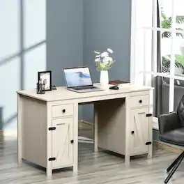 Anysun - Farmhouse Computer Desk with 2 Drawers & 2 Cabinets, Storage Home Office Workstation - Cream White