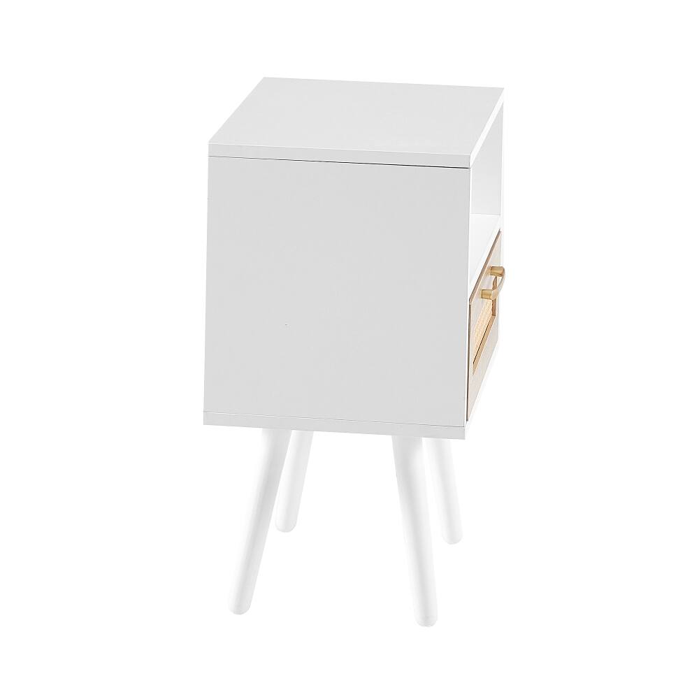 Alt View 6. Loheer - Loheer White Rattan End Table with Drawer Modern Nightstand Solid Wood Legs Bedroom Side Table - White.