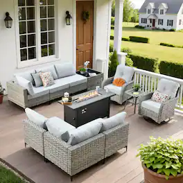 Ovios - 11 PCS Patio Furniture with 54" Fire Pit Table, Sectional Sofa with Swivel Chair, Side Table & Coffee Table - Gray