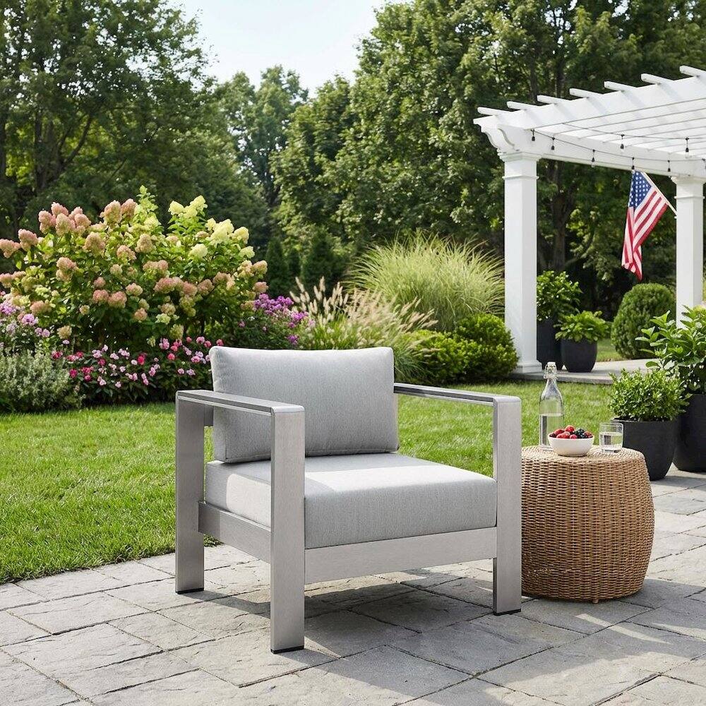 Left. Outdoor Escape - Aluminum Fabric Outdoor Patio Armchair With Cushioned Seating - Gray.