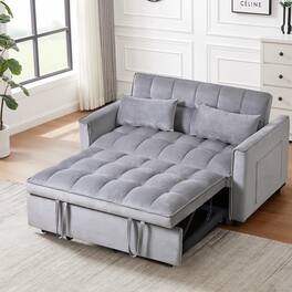 Tiramisubest - 3 in 1 Velvet Loveseat Futon Sofa Bed with Adjustable Backrest,Pillows & Pockets for Living Room,Apartment,Grey - Cement Grey