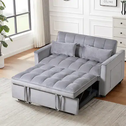 Front. Tiramisubest - 3 in 1 Velvet Loveseat Futon Sofa Bed with Adjustable Backrest,Pillows & Pockets for Living Room,Apartment,Grey - Cement Grey.