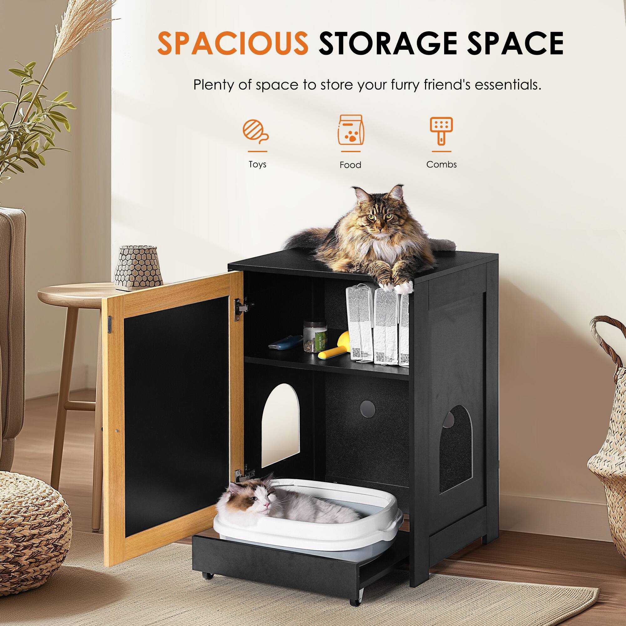 SPACIOUS STORAGE SPACE  
Plenty of space to store your furry friend's essentials.  
Toys  
Food  
Combs