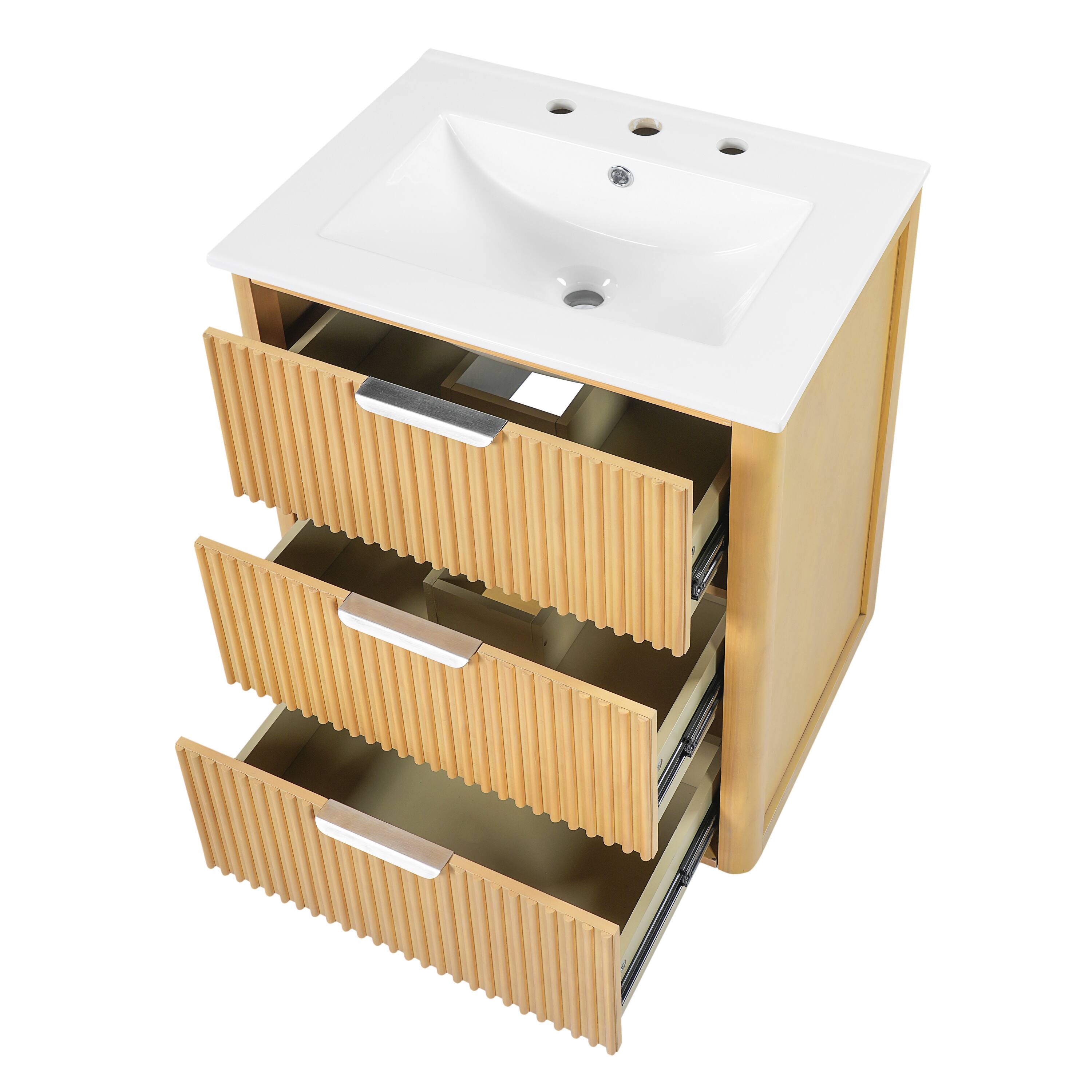 Left. Whisen - 24" Modern Bathroom Vanity with Ceramic Sink, with Open Shelf and Closed Storage for Bathroom - Natural Wood.