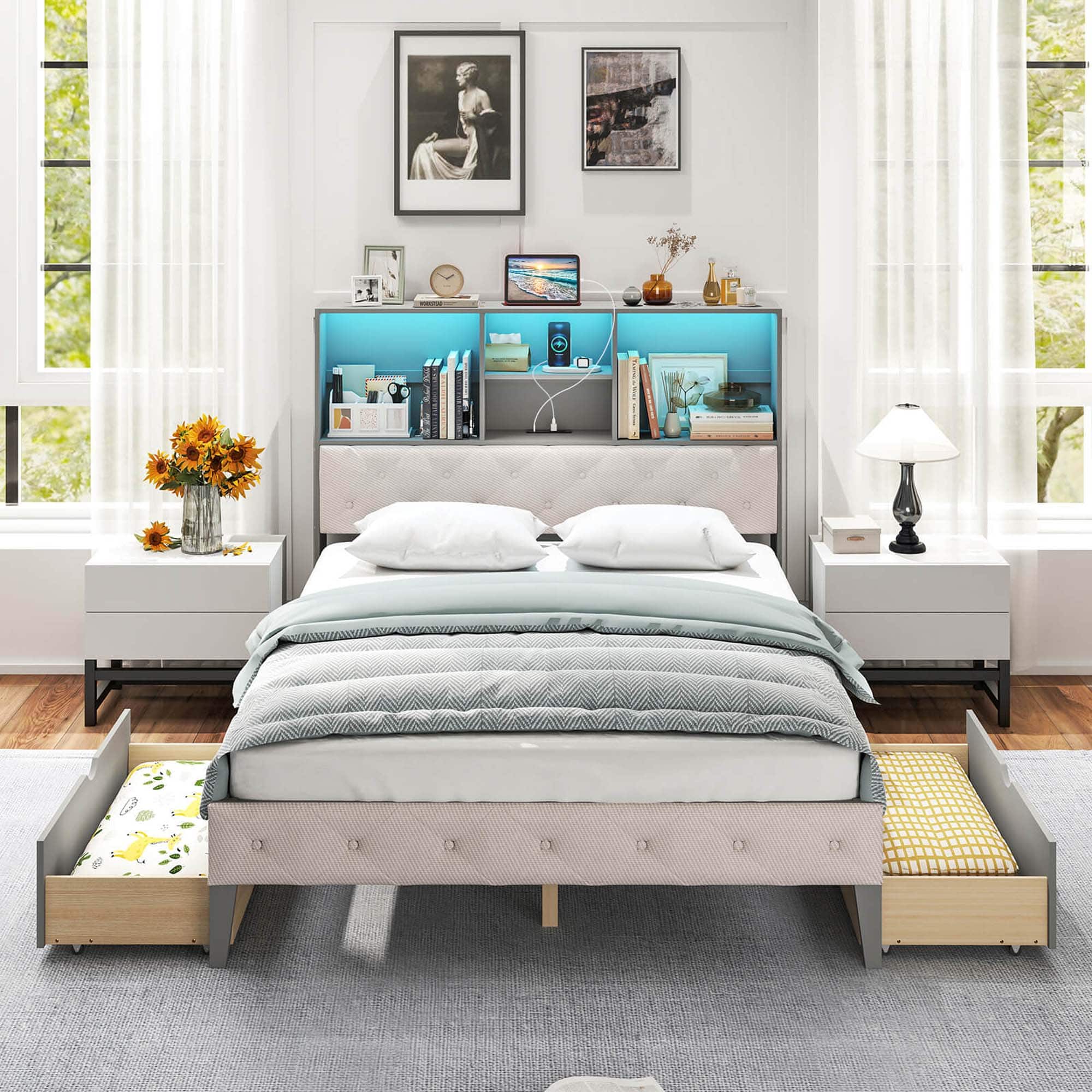 Alt View 5. Costway - Full Size Bed Frame with Bookcase Headboard Storage Bed with LED Lights - Gray.