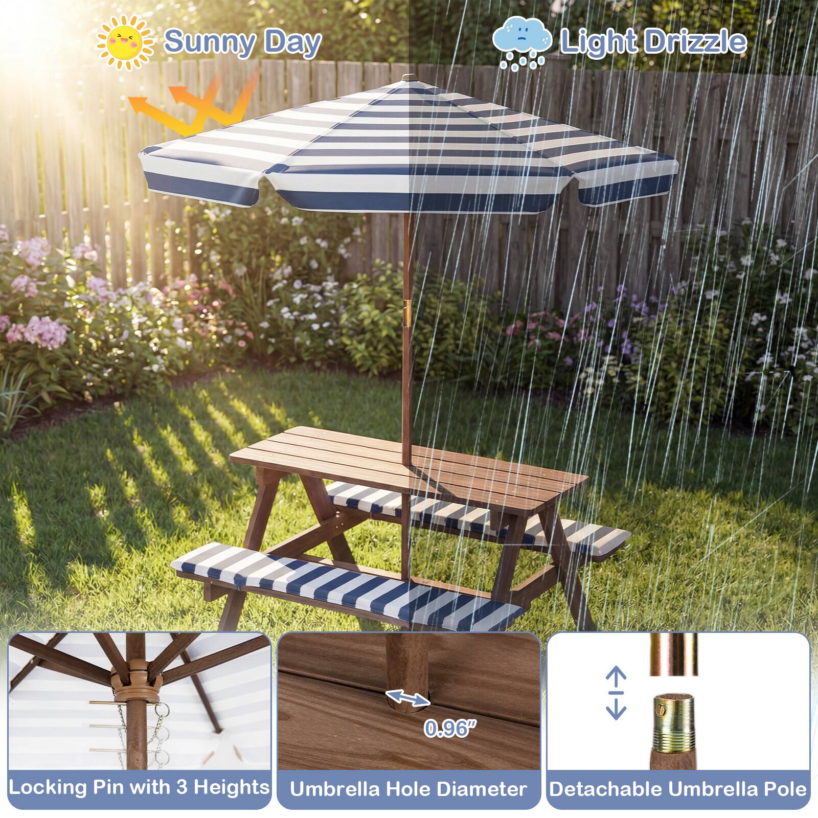 Sunny Day Light Drizzle  
0.96" Locking Pin with 3 Heights Umbrella Hole Diameter Detachable Umbrella Pole