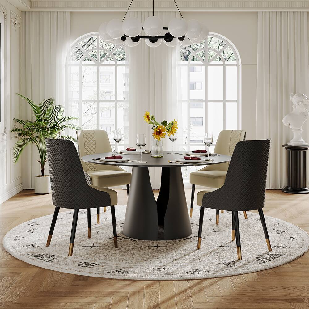 Left. POVISON - 47" Modern Round Black Dining Table for 4,Matte Sintered Stone Tabletop, Black Carbon Steel Base - Matte Black Sintered Stone & Black Steel Base.