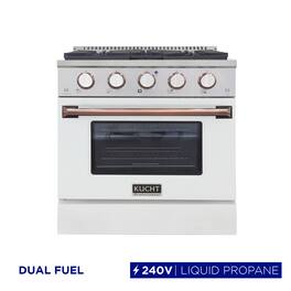 Kucht - 30" Dual Fuel Range for LP, SS/White Door, White Knobs, Rose Gold Handle & Rings, Convection Oven - White & Rose Gold