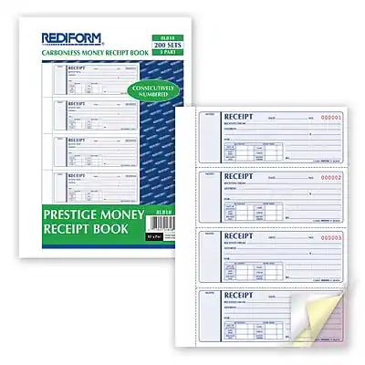 Rediform Money Receipt Forms, Carbonless, 3 Part, Hard Cover, 2 3/4