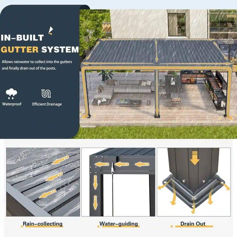 IN-BUILT GUTTER SYSTEM

Allows rainwater to collect into the gutters and finally drain out of the posts.

Waterproof  
Efficient Drainage

Rain-collecting  
Water-guiding  
Drain Out