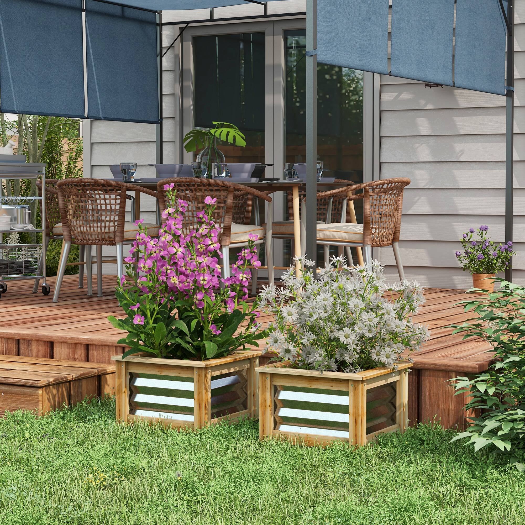 Alt View 1. Outsunny - Garden Beds Set of 2, Metal and Wood Combined Planter Box, for Growing Flowers - Natural and Silver.