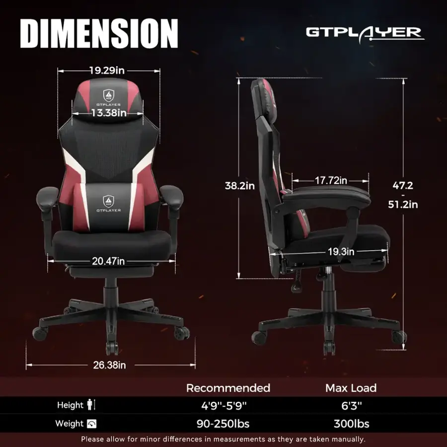DIMENSION 19.29in GTPLAYER GTPLATER 13.38in 38.2in 17.72in 47.2in
STPLATER - 51.2in 20.47in 19.3in 26.38in
Recommended Max Load Height 4'9"-5'9" 6'3"
Weight 90-250lbs 300lbs
Please allow for minor differences in measurements as they are taken manually.
