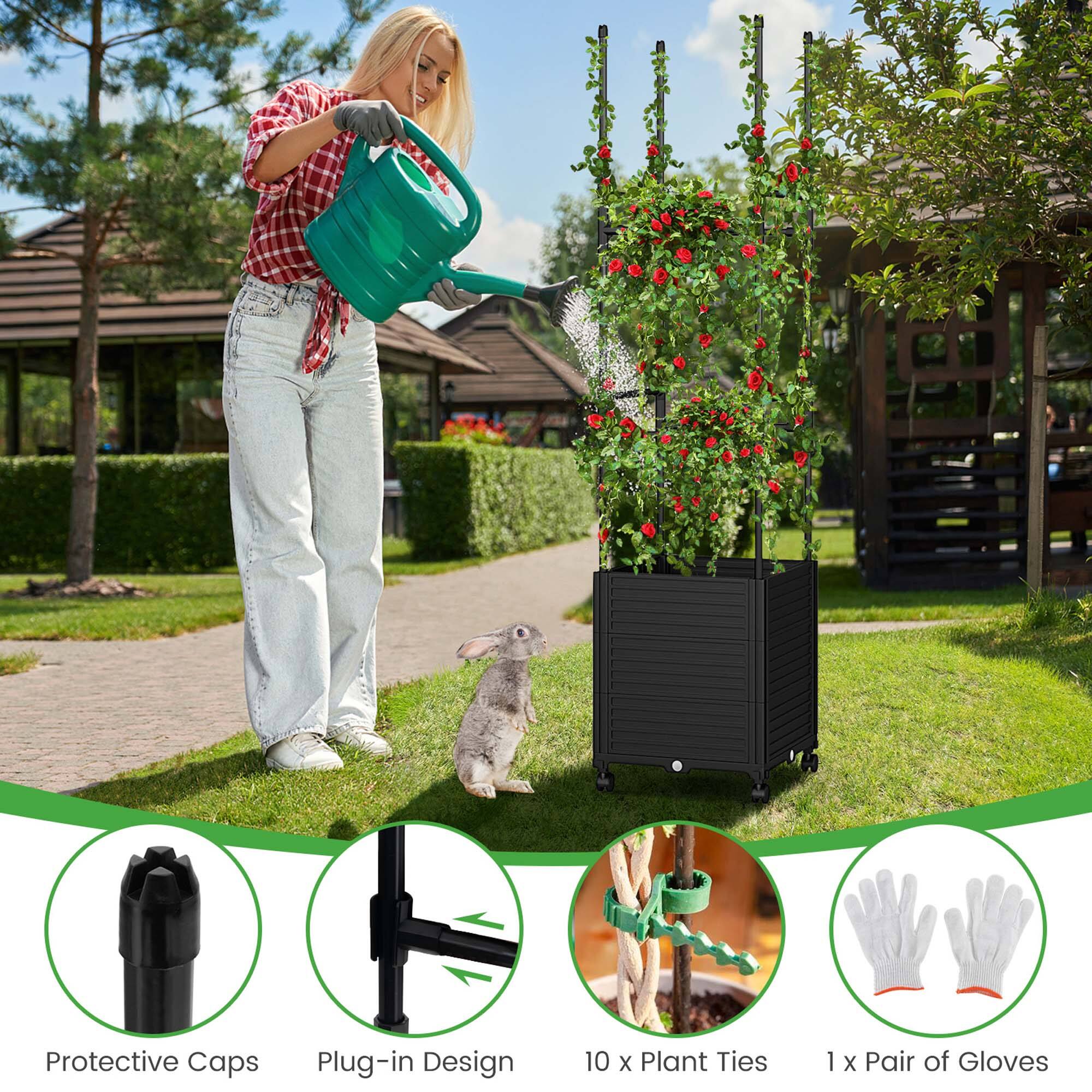 The text on the image reads: "Protective Caps Plug-in Design 10 x Plant Ties 1 X Pair of Gloves."