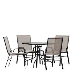 Emma + Oliver - Five Piece Patio Dining Set - Square Table with Powder Coated Frame and Tempered Glass Top & 4 Flex Comfort Stack Chairs - Brown