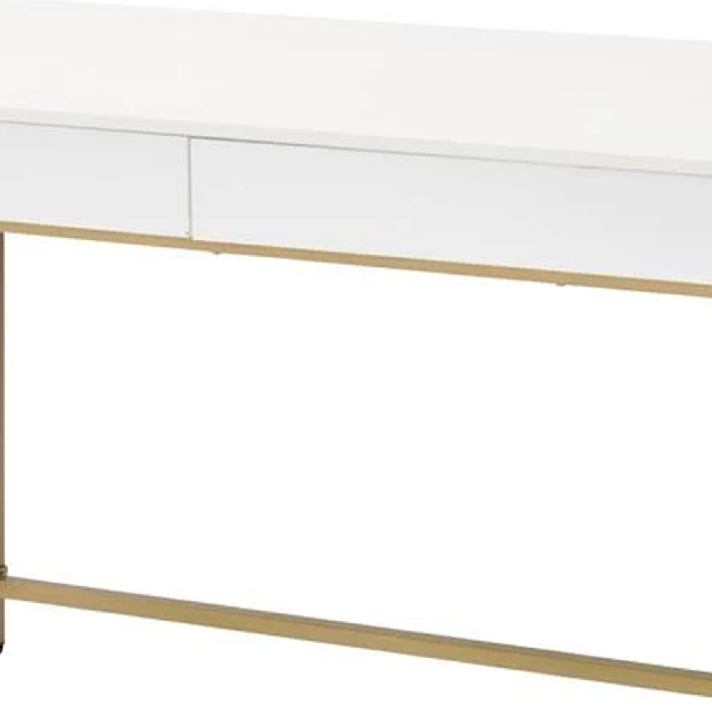 Left. Manhattan Lane - 50 Inch Desk Console Table, 2 Drawers, Metal Inverted U Frame, White, Gold - White and Gold.