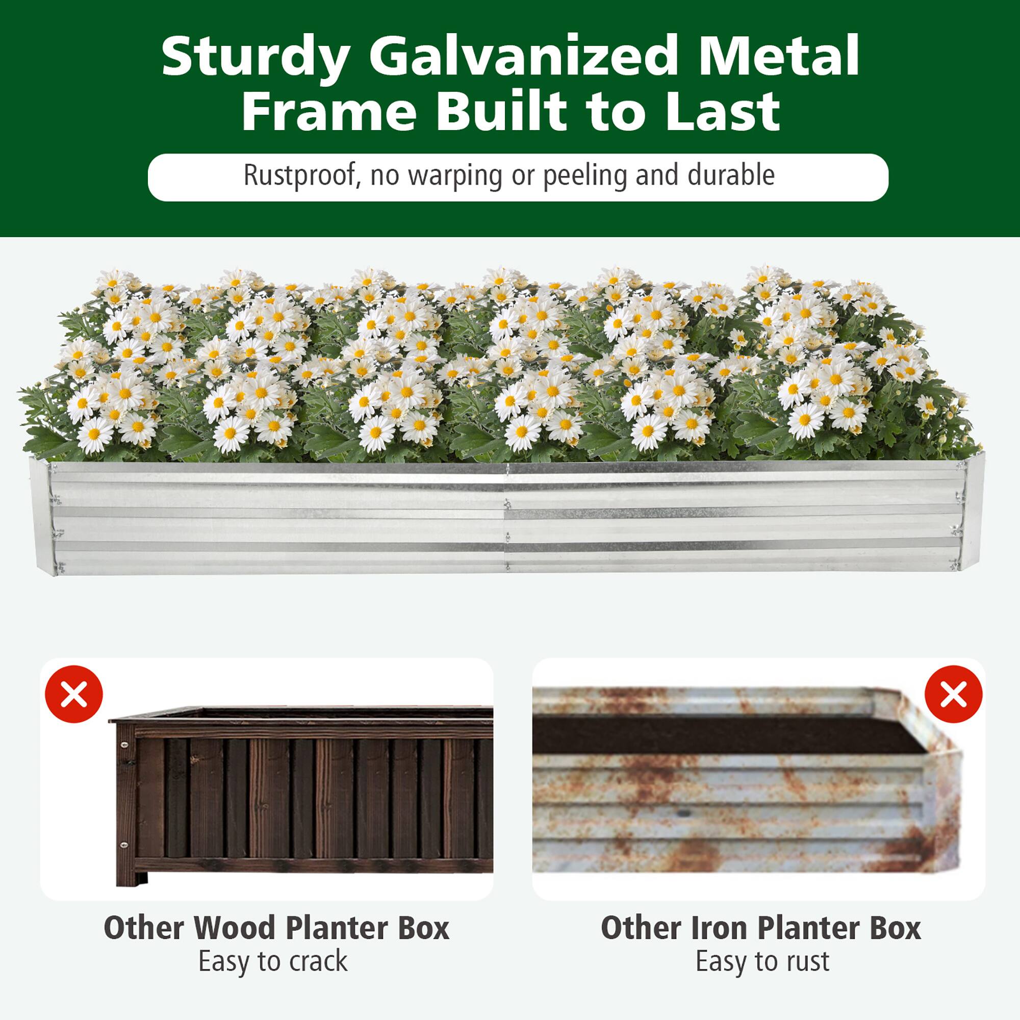 Sturdy Galvanized Metal Frame Built to Last  
Rustproof, no warping or peeling and durable  

Other Wood Planter Box  
Easy to crack  

Other Iron Planter Box  
Easy to rust
