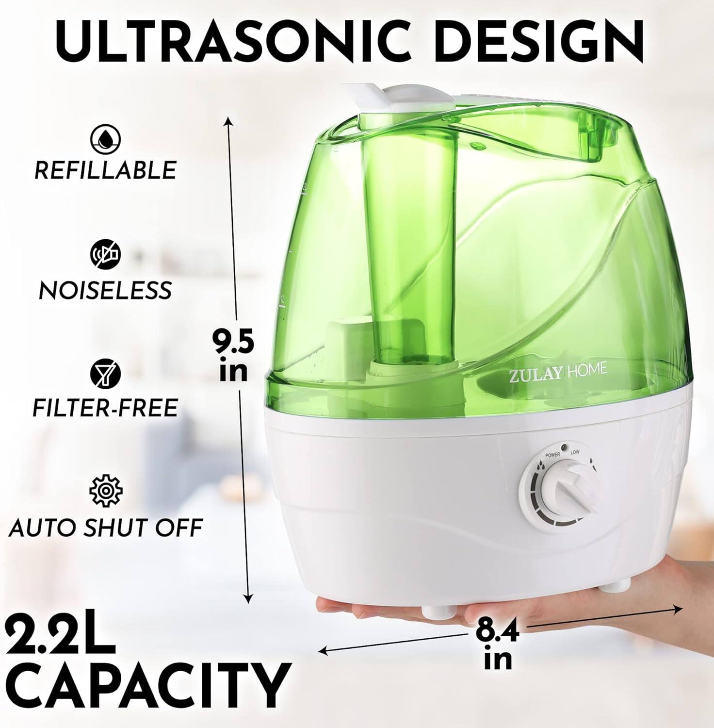 ULTRASONIC DESIGN, REFILLABLE, NOISELESS, FILTER-FREE, 9.5 in, 2.2L CAPACITY, 8.4 in, AUTO SHUT OFF, ZULAY HOME
