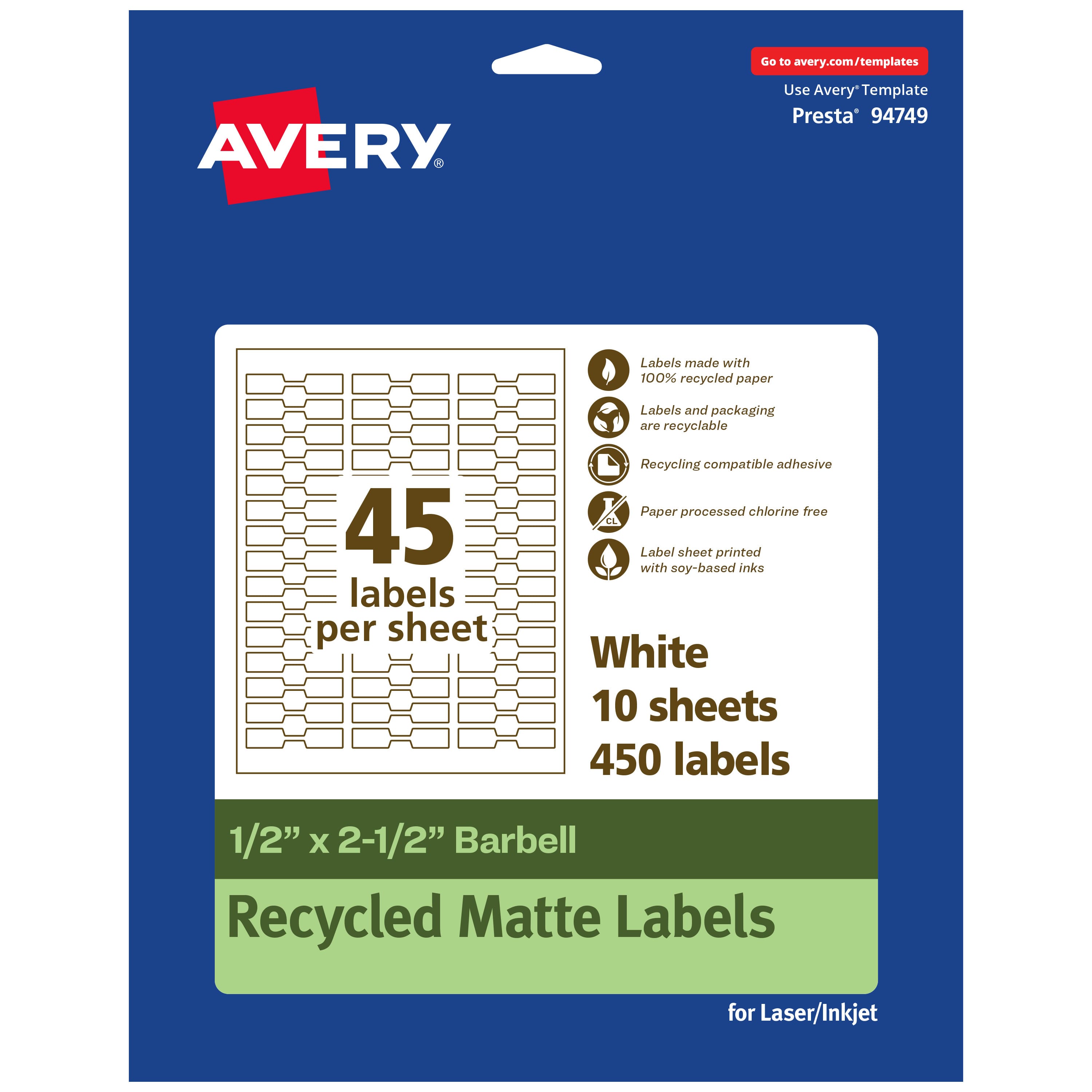 Avery - EcoFriendly Barbell Labels, 1/2" x 2-1/2", 450ct - White