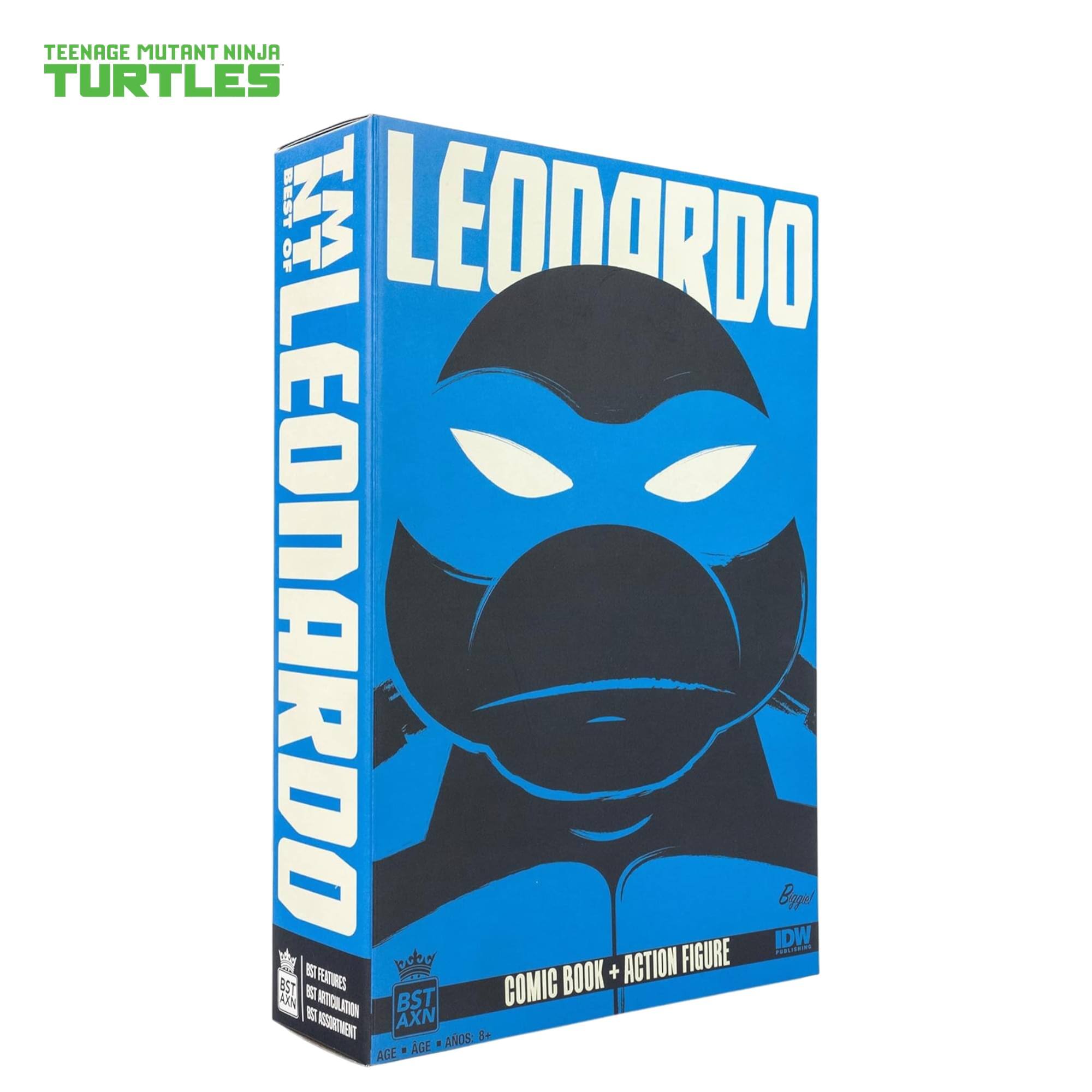 TEENAGE MUTANT NINJA TURTLES BEST OF LEONARDO IDW Bepe FIGURE adada PERTONES BOOK + ACTION FIGURE A3N MEITICILAIN BST COMIC W AXN NSORTNMENT AOS: Be AGE AGE