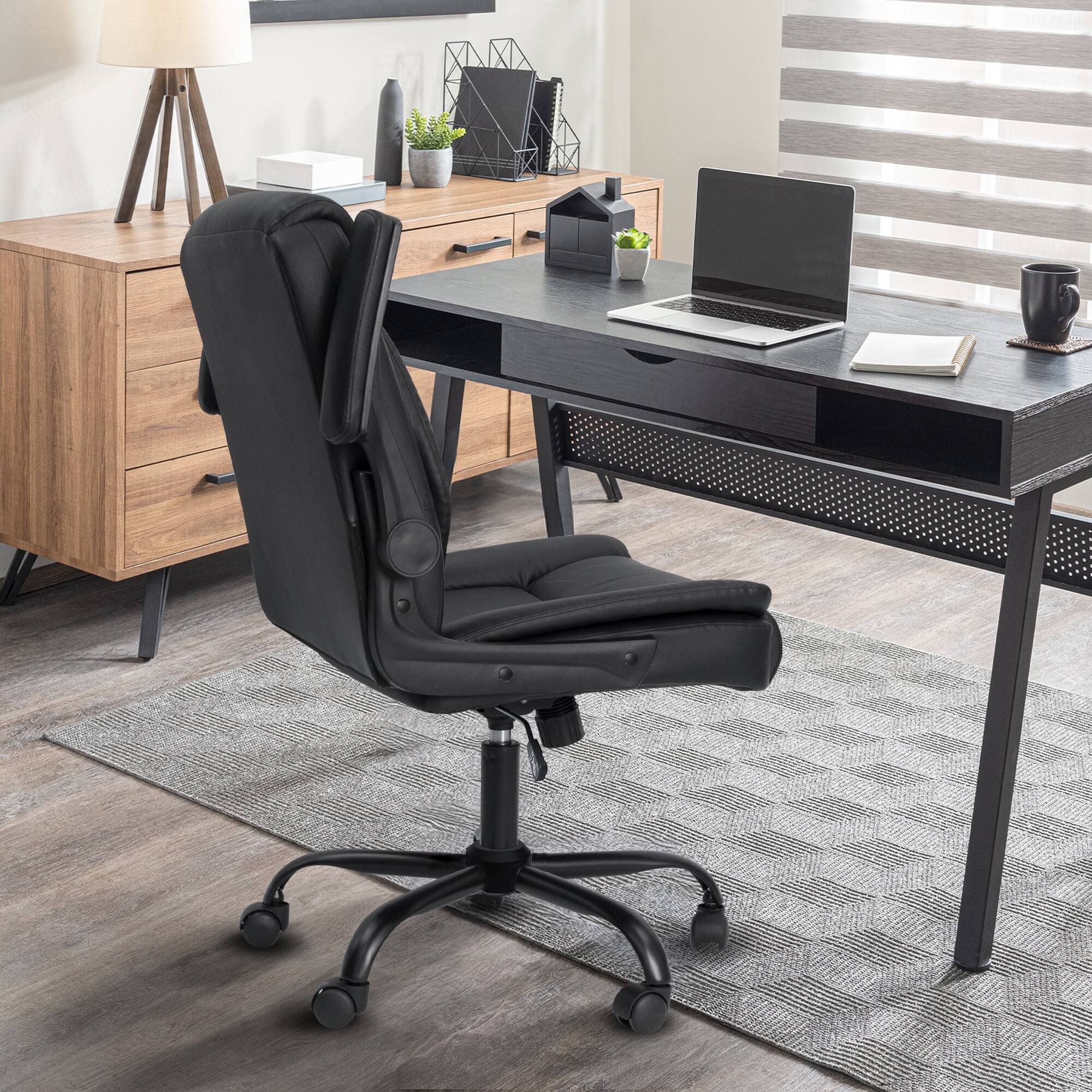 Back. Neo Chair - Leather Office Chair, Ergonomic Mid-Back Computer Chair with Flip-Up Armrests, Padded Cushion & Swivel Wheels - 1. Jet Black.