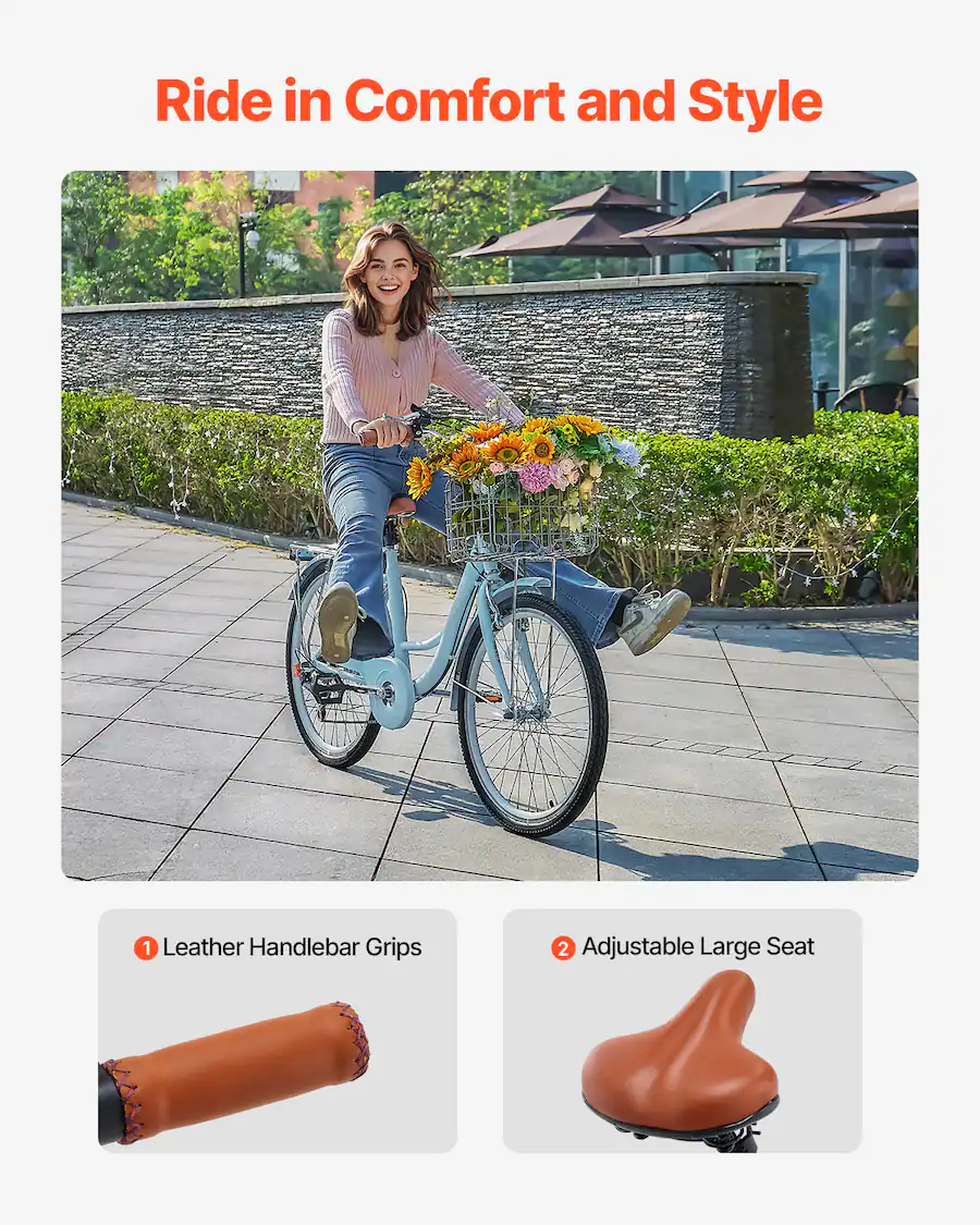 VEVOR Cruiser Bike, 7 Speed, 26 Inch Light Beach Cruiser Bike with ...