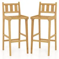 Costway 2 PCS 30" Teak Wood Bar Stool with Footrest & Backrest Wooden Bar Height Chair - Natural - Front_Zoom