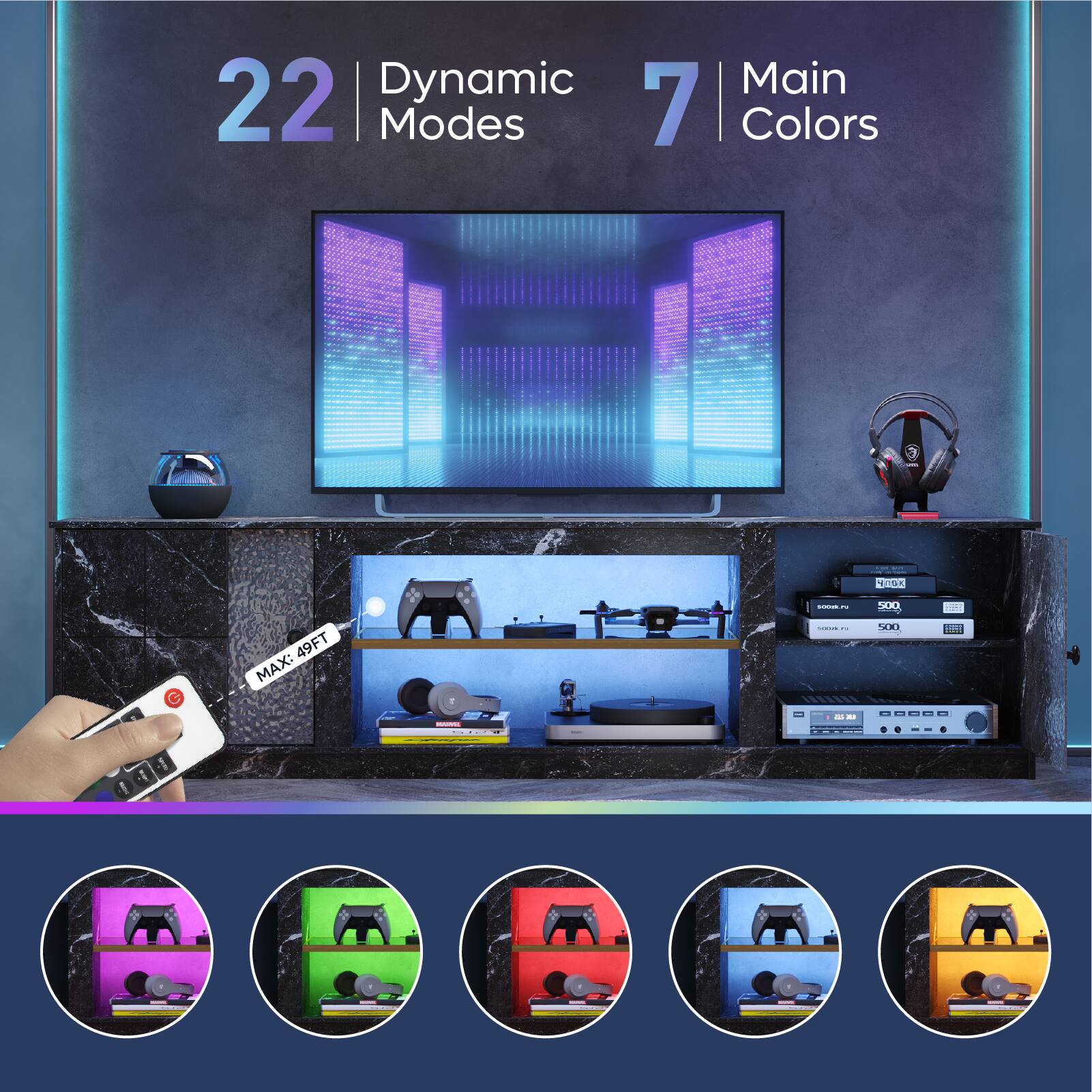 The text on the image can be grouped and corrected as follows:

Dynamic 22 Modes 7 Colors ELTAR | 1 200 F C 49FT MAX: - : : . -  K m 1 4 A