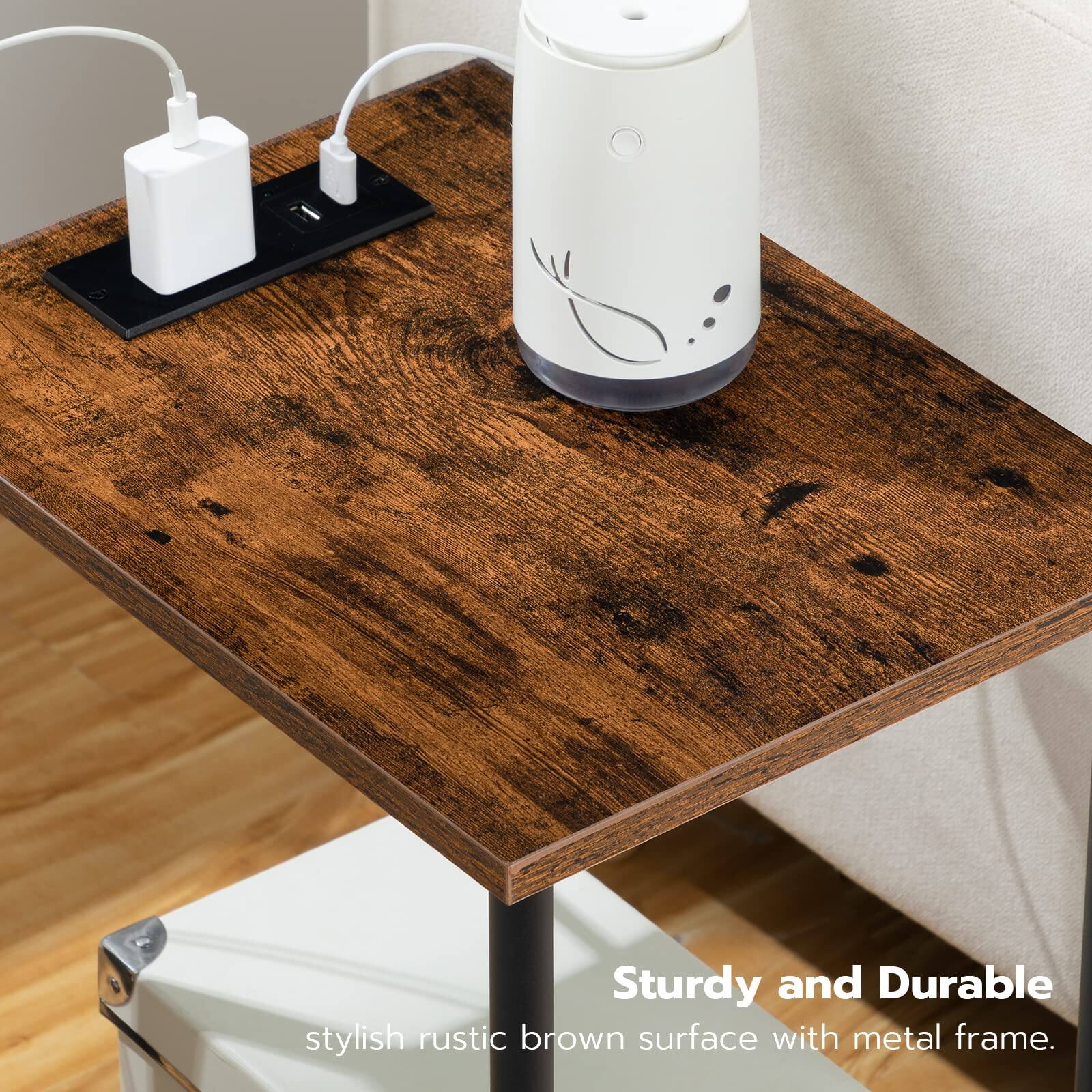 Sturdy and Durable  
stylish rustic brown surface with metal frame.