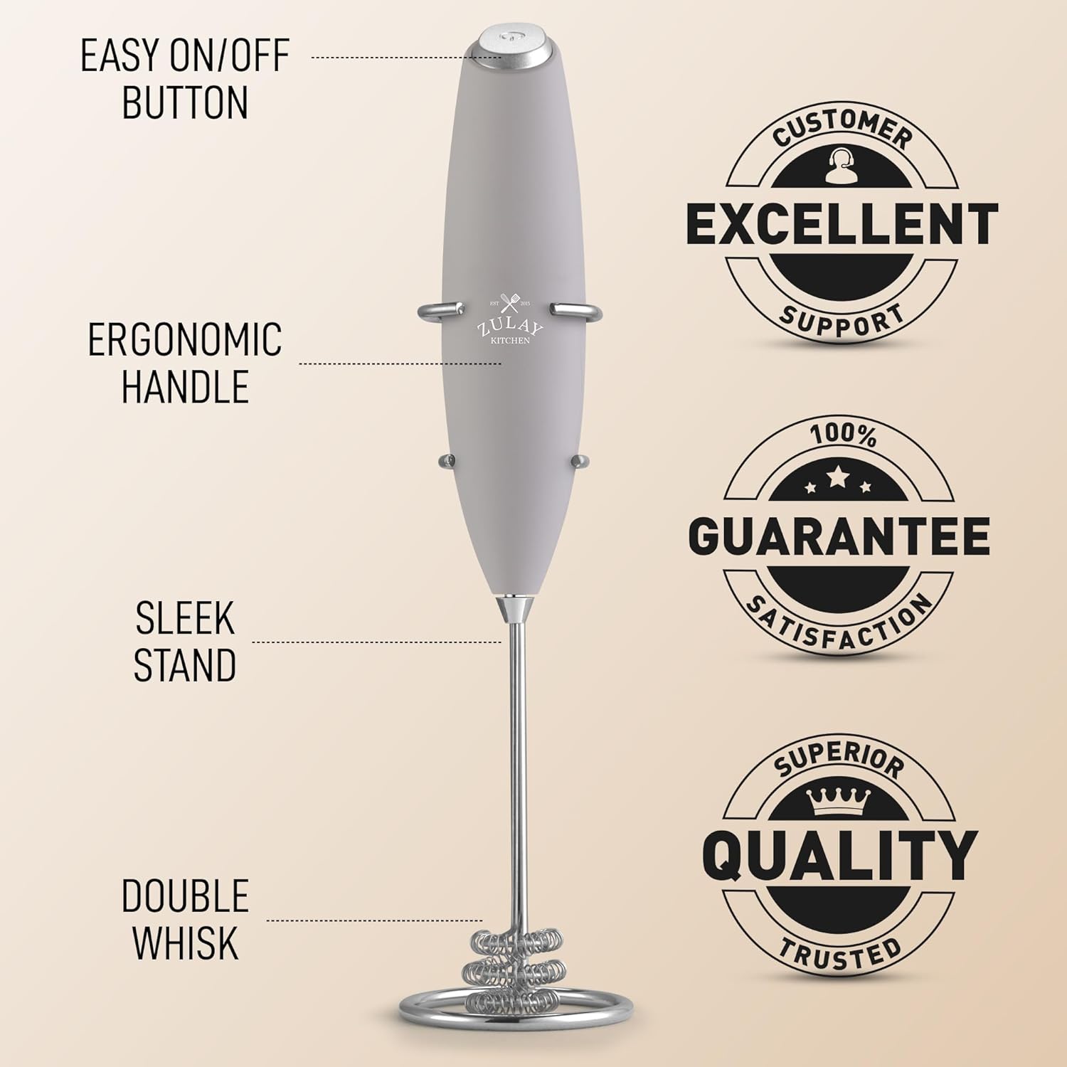 - EASY ON/OFF BUTTON
- ERGONOMIC HANDLE
- SLEEK STAND
- DOUBLE WHISK

- CUSTOMER EXCELLENT SUPPORT
- 100% GUARANTEE SATISFACTION
- SUPERIOR QUALITY TRUSTED