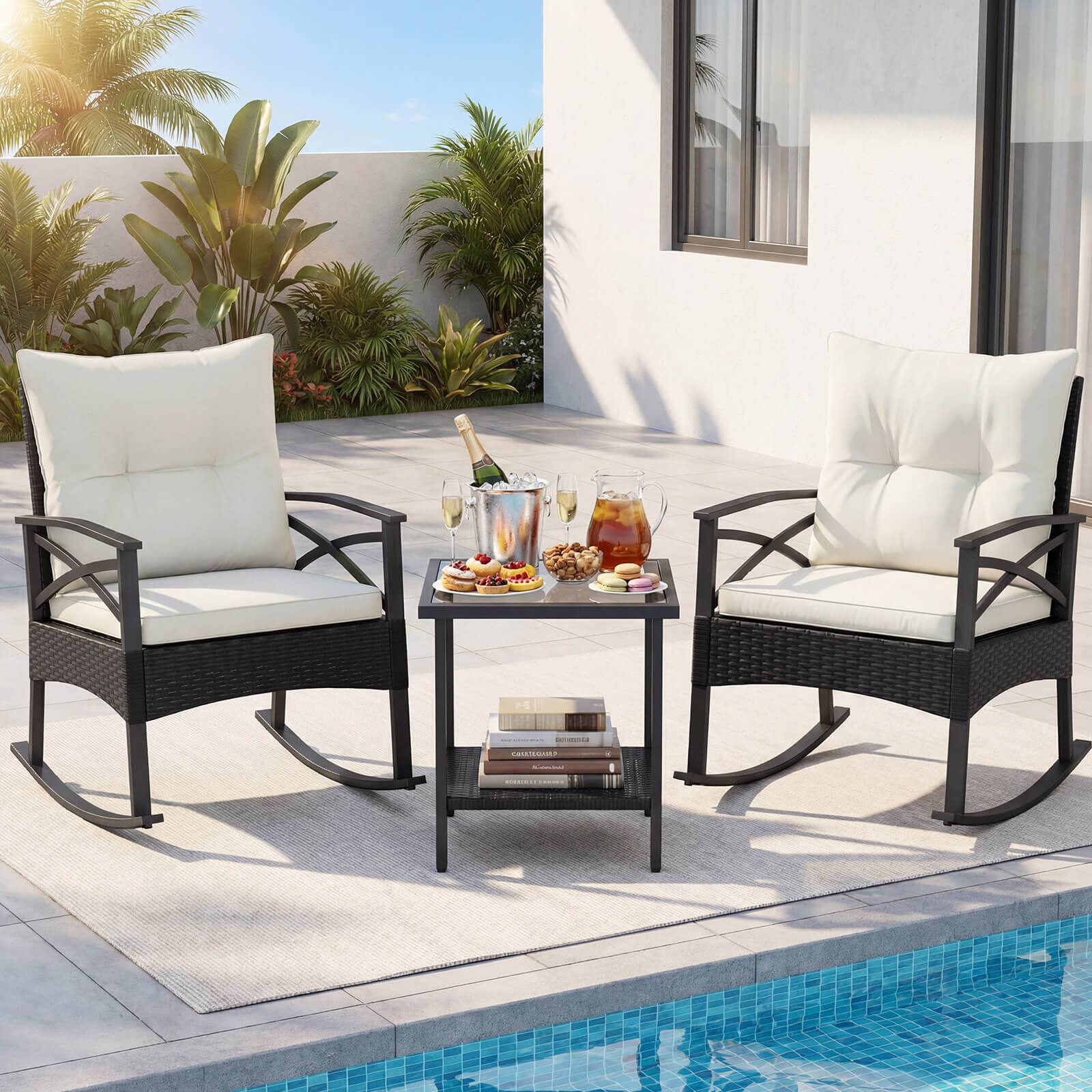 Alt View 3. Costway - Costway 3-Piece Rattan Rocking Bistro Set with Tempered Glass Tabletop & Cushions for Porch - Black + Off-White.