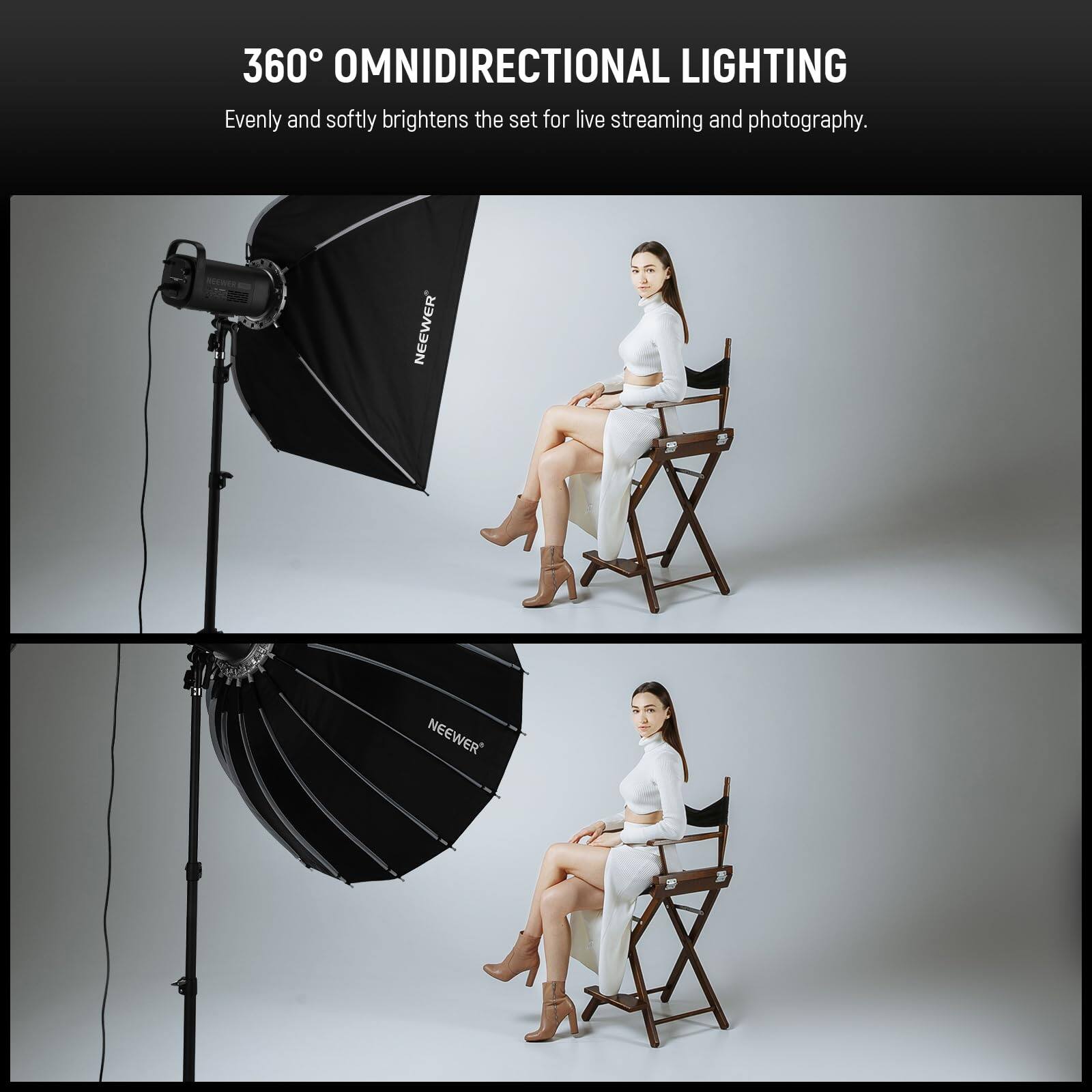 360° OMNIDIRECTIONAL LIGHTING  
Evenly and softly brightens the set for live streaming and photography.
