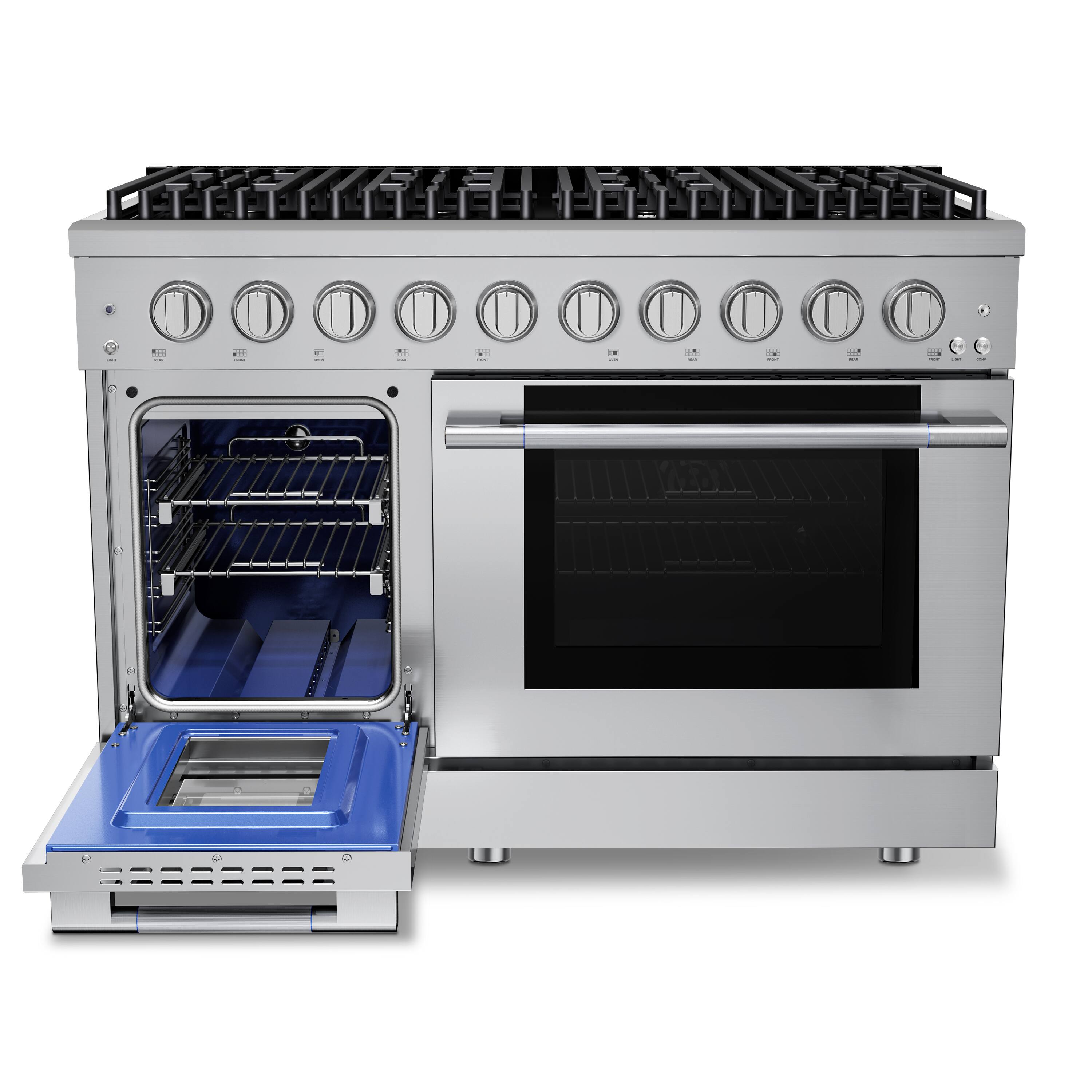 Angle. Hauslane - HausPro 48 in. 8 Burners Gas Range in stainless steel with 20,000 BTU and Double Oven with 5 Rack Positions - Stainless Steel.