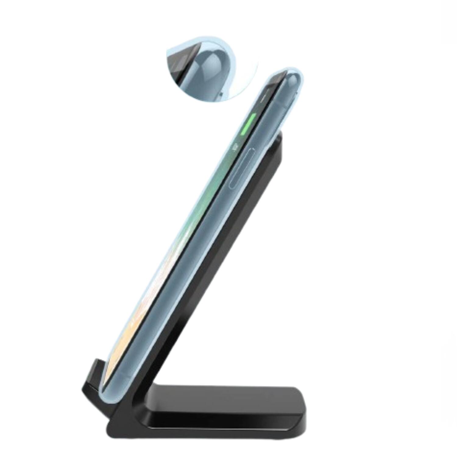Left. Stock Preferred - Fast 10W & 5W Wireless Charger Stand for iPhone, Samsung, Google Pixel - Black.