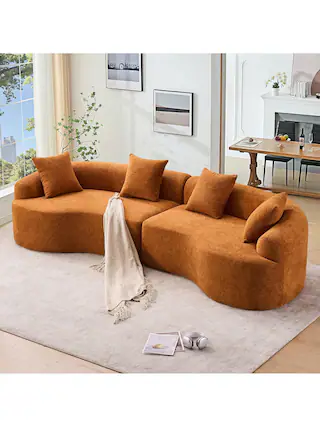 Front. Trinkets Crazed - 110" Curved Sectional Sofa For Living Room,Deep Seat Cloud Floor Couch With 4 Pillows,Chenille Upholstered Couch - Orange.
