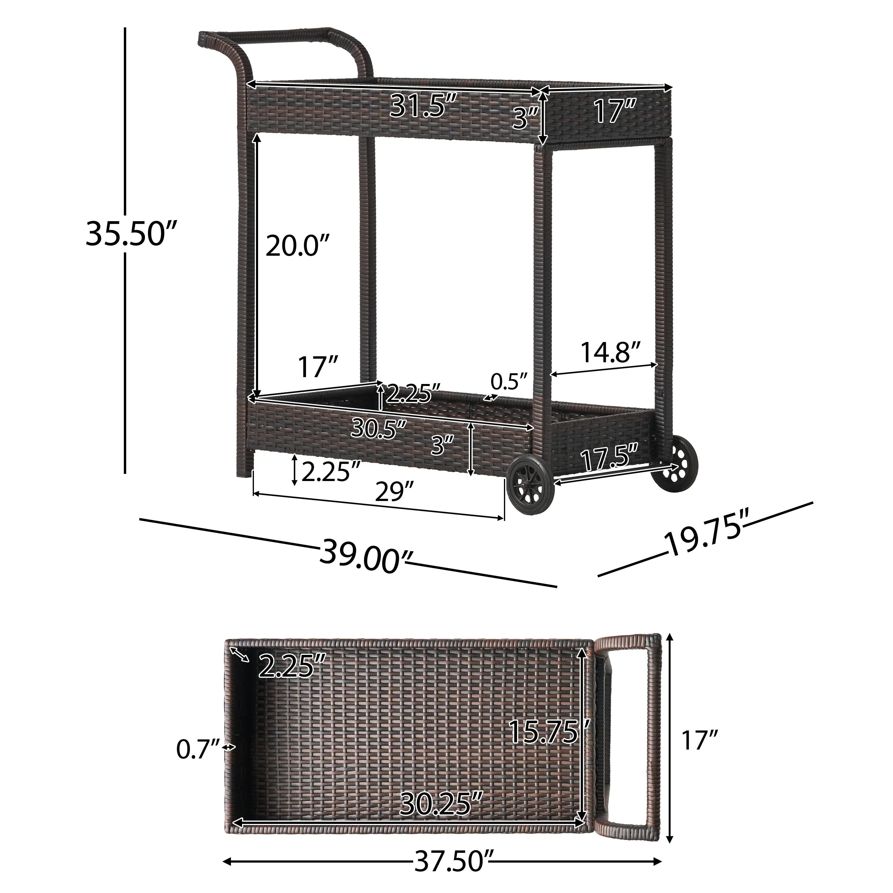 Here is the corrected and grouped text from the image:

- **Overall Dimensions:**
  - 31.5" (width)
  - 35.50" (height)
  - 39.00" (depth)

- **Top Section:**
  - 3" (depth)
  - 17" (width)
  - 20.0" (height)
  - 17" (width)
  - 3" (depth)

- **Middle Section:**
  - 12.25" (height)
  - 29" (width)
  - 2.25" (depth)
  - 14.8" (width)
  - 17.5" (width)
  - 19.75" (depth)
  - 0.5" (depth)

- **Bottom Section:**
  - 15.75" (height)
  - 17" (width)
  - 30.25" (width)
  - 37.50" (depth)
  - 2.25" (depth)
  - 0.7" (depth