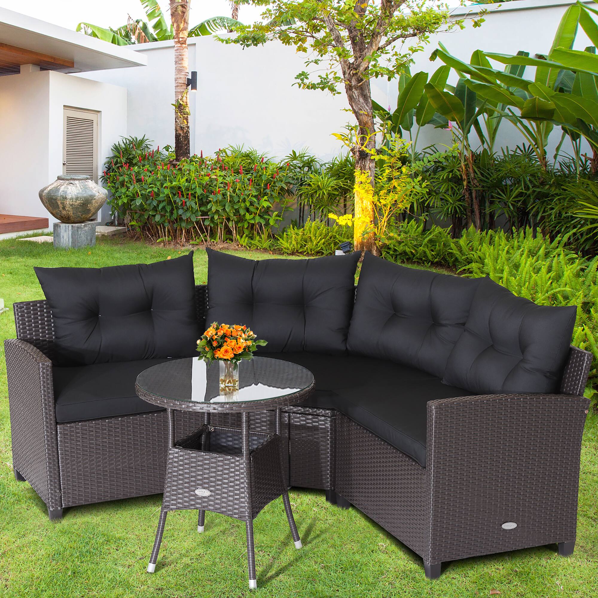 Alt View 1. Costway - 4PCS Patio Rattan Furniture Set Cushioned Sofa Glass Table Garden - Mix Brown/Black.