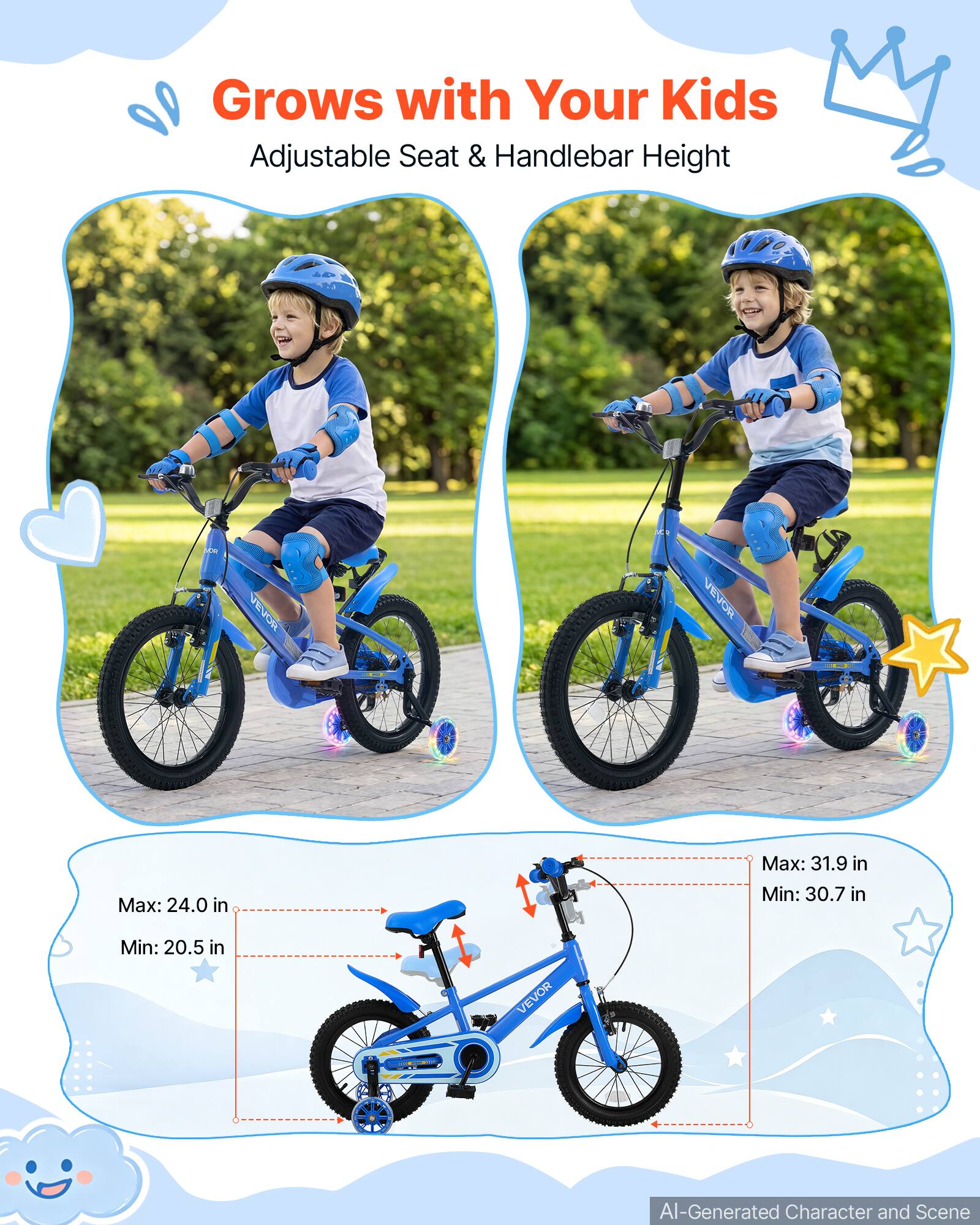 Grows with Your Kids  
Adjustable Seat & Handlebar Height  

Max: 24.0 in  
Min: 20.5 in  

Max: 31.9 in  
Min: 30.7 in  

AI-Generated Character and Scene