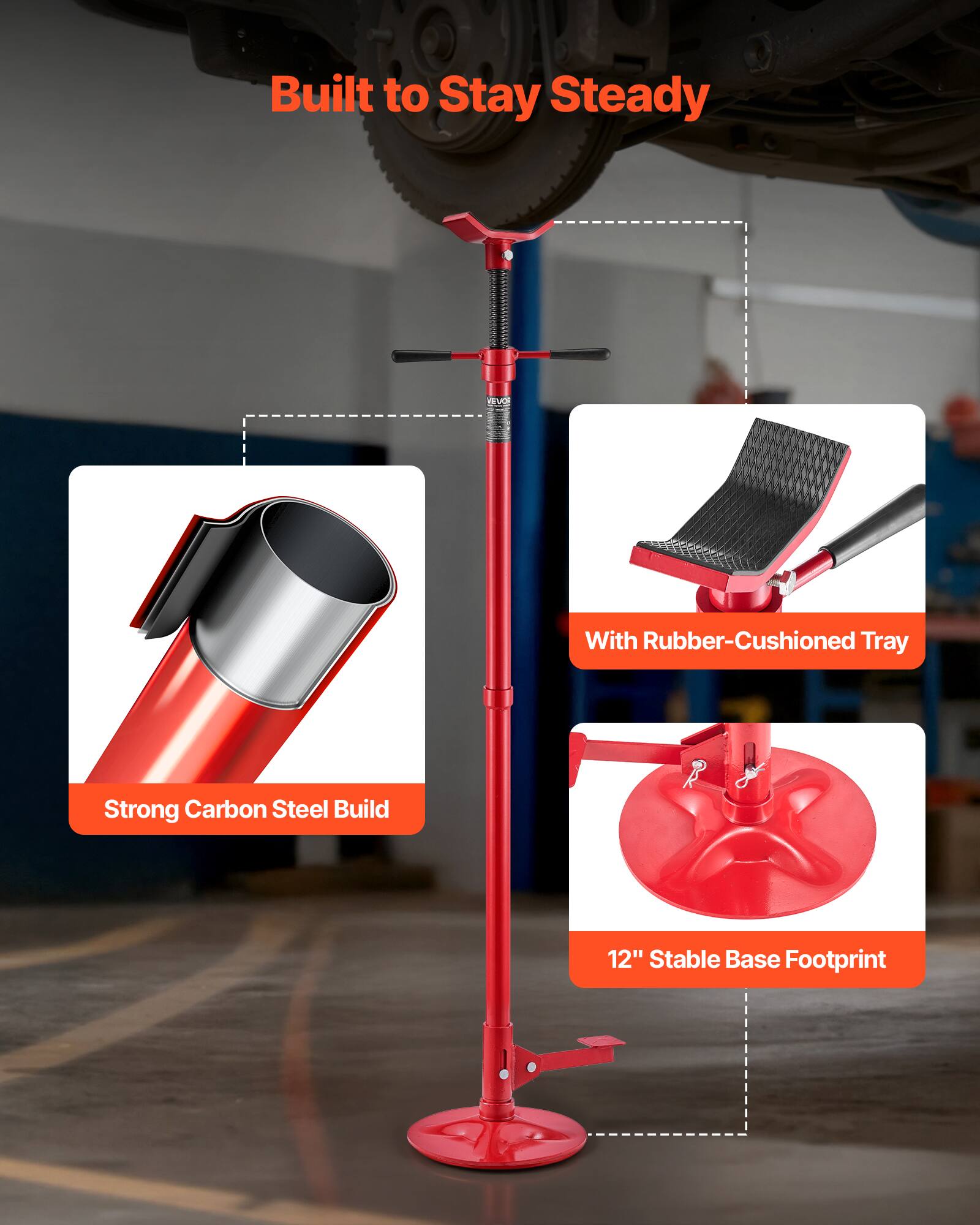 Built to Stay Steady

- Strong Carbon Steel Build
- With Rubber-Cushioned Tray
- 12" Stable Base Footprint