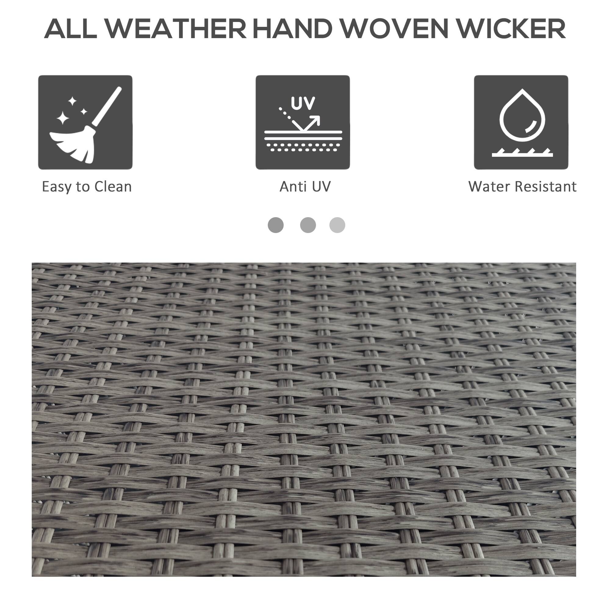 The text in the image can be grouped and corrected as follows:

**ALL WEATHER HAND WOVEN WICKER**

- **Easy to Clean**
- **Anti UV**
- **Water Resistant**