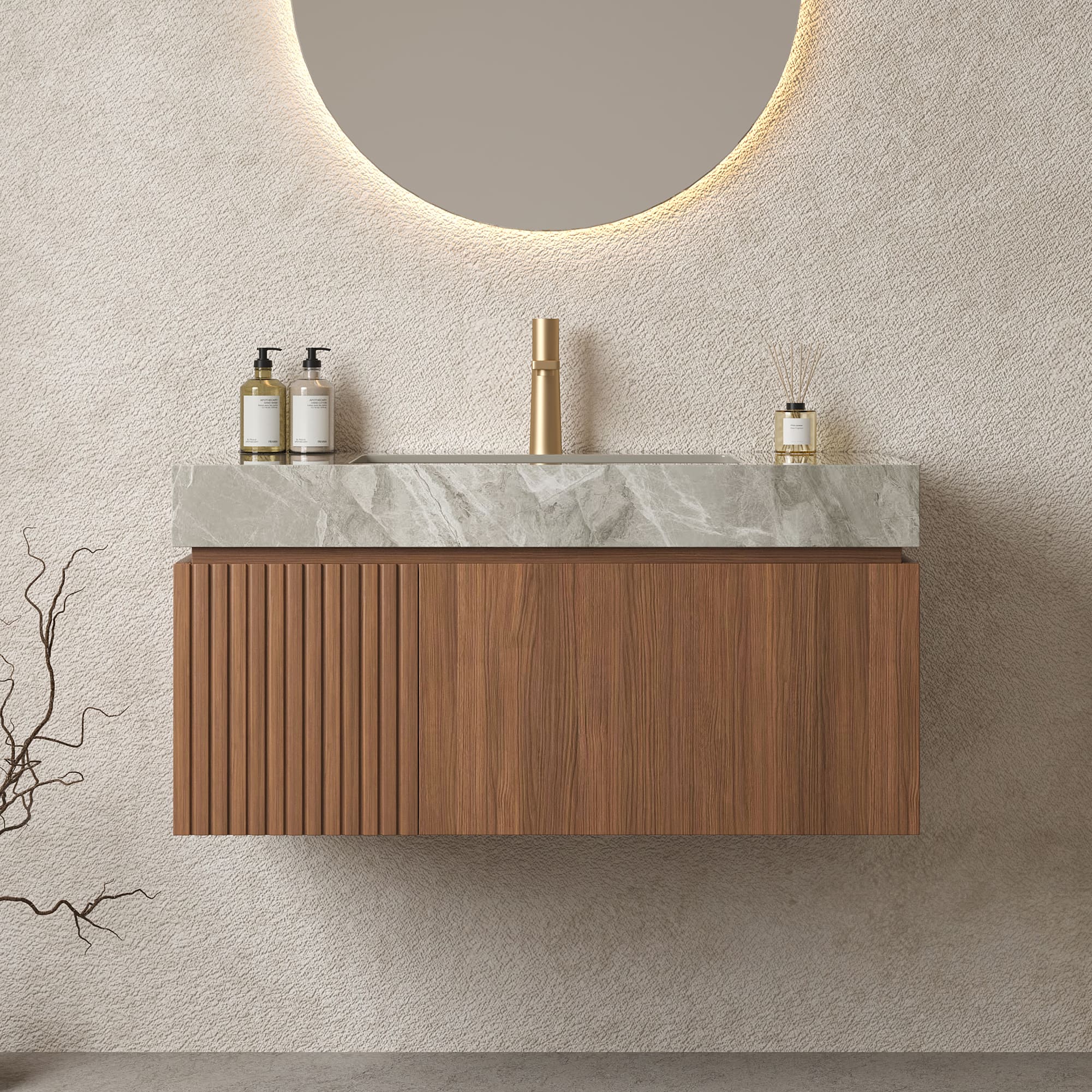 APRILSOUL - Bathroom Vanity Wall Mount Plywood Drawer Light Gray Sintered Stone Espresso - Espresso,Light Gray