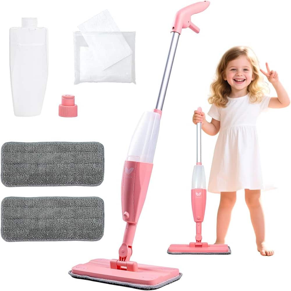 Schertz - Kids Spray Mop - Pink, 2 Washable Microfiber Pads, 10 Dry Dusting Cloths