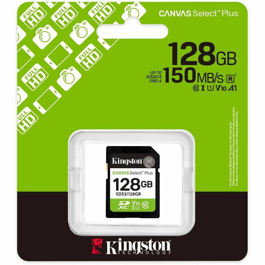 CANVAS Select Plus  
128 GB  
UP TO 150 MB/S  
JUSQU'A FINO A 150 MB/S  
C10 V10 A1  

Kingston  
CANVAS Select Plus  
128 GB  
SDS3/128GB  
C10 V10  

Kingston TECHNOLOGY