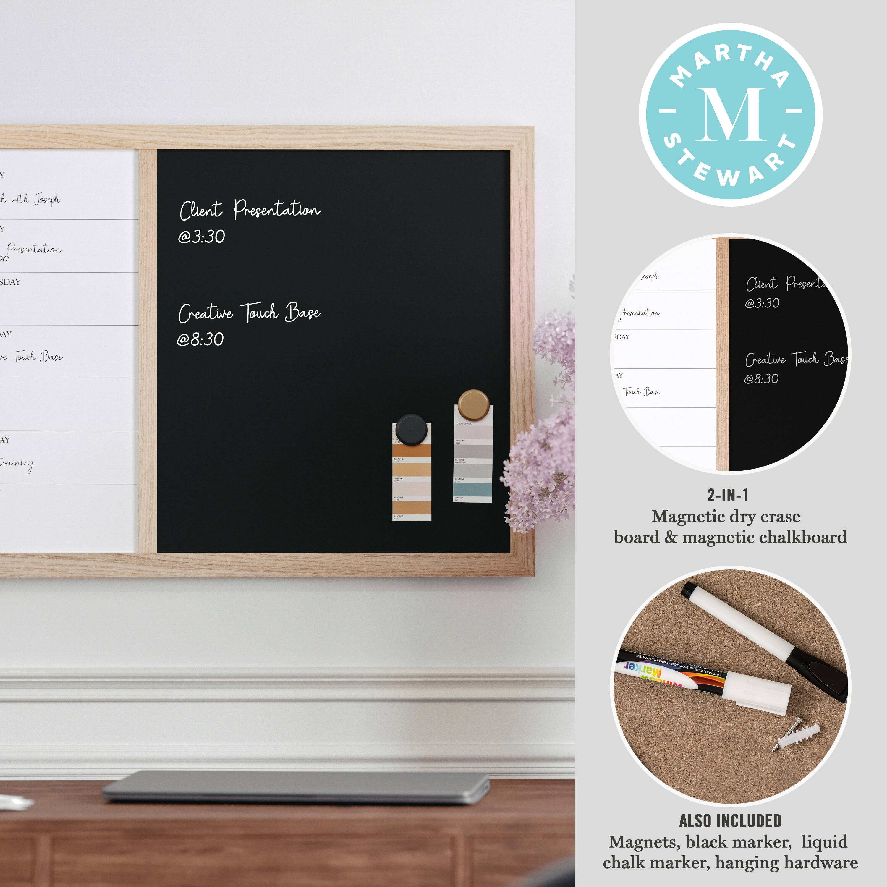 Martha Stewart 2-in-1 Magnetic Dry Erase Board & Magnetic Chalkboard 10 Marker

The text on the image is grouped and corrected as follows:

1. Client Presentation @3:30
2. Creative Touch Base @8:30
3. Martha Stewart
4. 2-in-1 Magnetic dry erase board & magnetic chalkboard
5. 10 Marker
6. Also included: Magnets, black marker, liquid chalk marker, hanging hardware