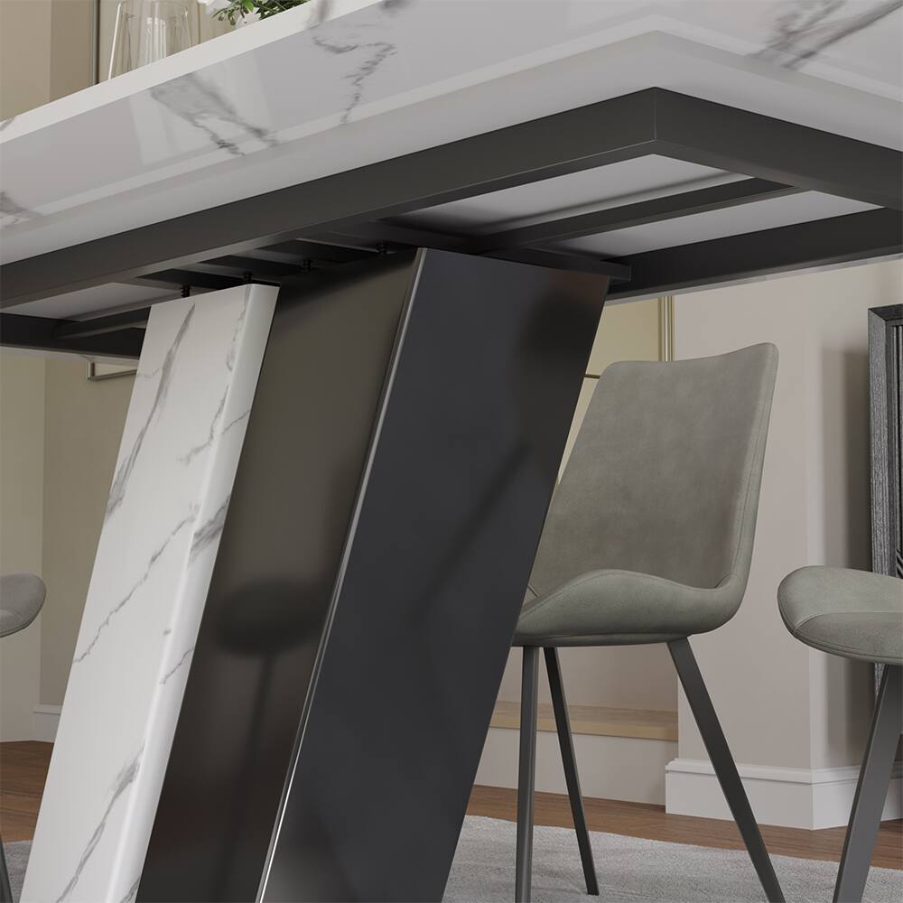 Alt View 3. POVISON - 71"Modern Glossy White Sintered Stone Rectangular Dining Table for 4-6, White & Black Z-shaped Stainless Steel Base - White & Black.