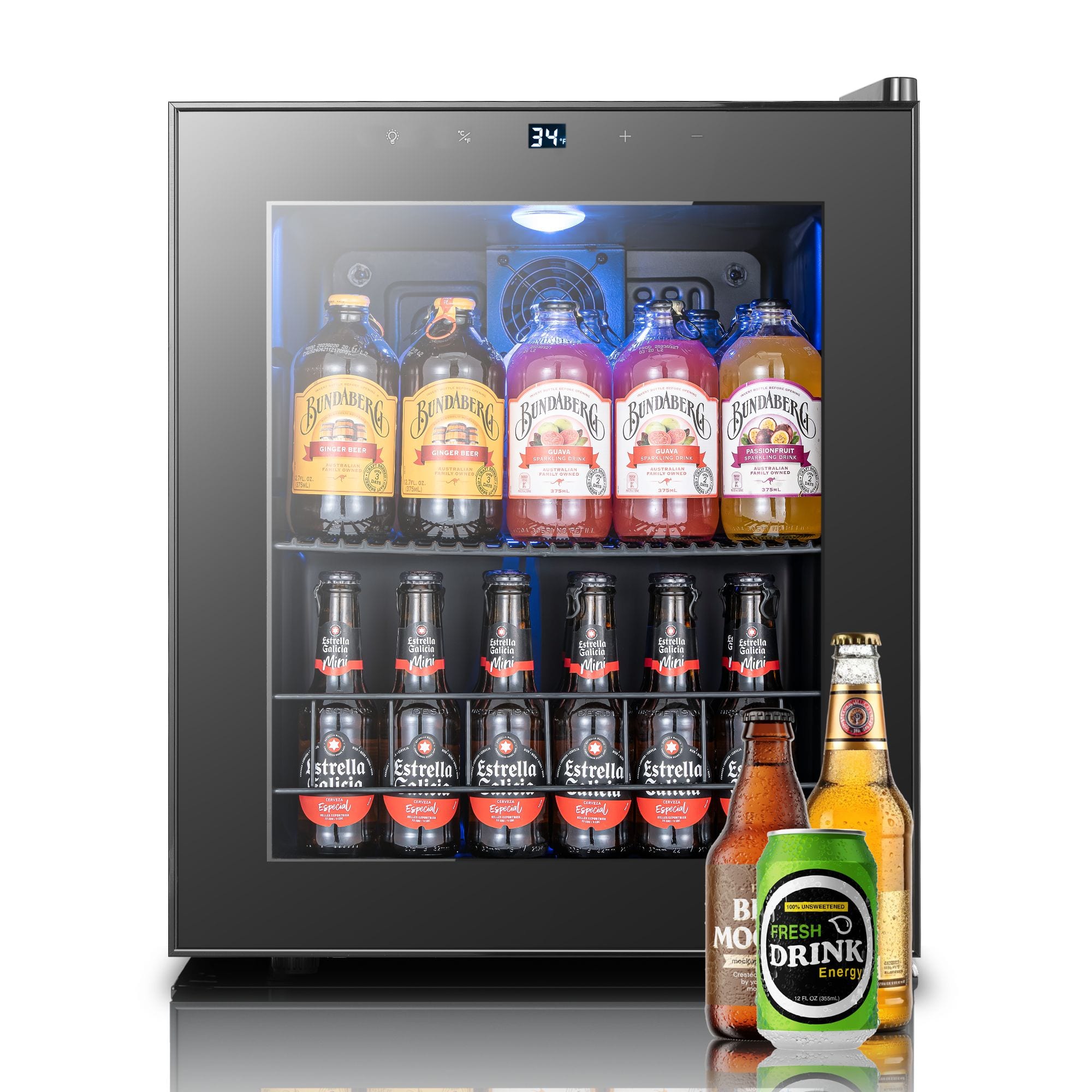 Yeego - Beverage Refrigerator Cooler, 65-Can Freestanding Mini Beverage Fridge with Glass Door, for Home and Office - Black
