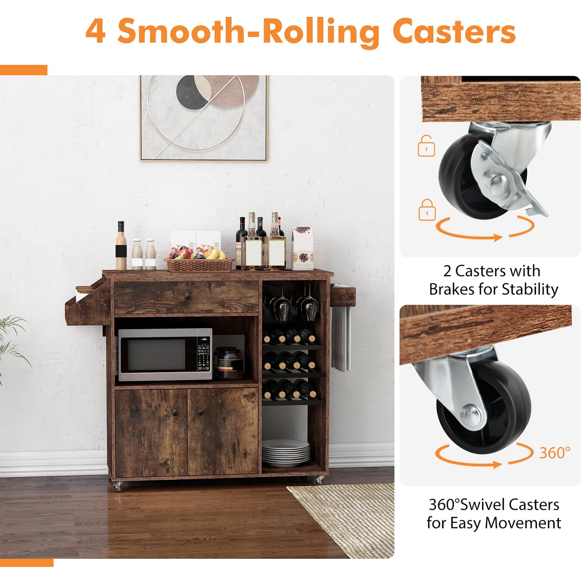 4 Smooth-Rolling Casters

2 Casters with Brakes for Stability

360° Swivel Casters for Easy Movement