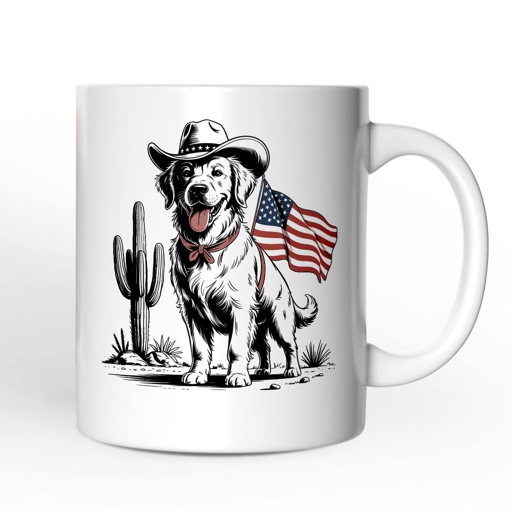 Front. OrnamentallyYou - American Cowboy Dog Mug, Western 4th of July Gift - White.